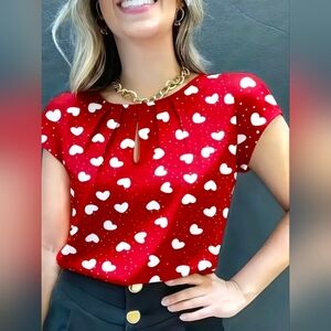 Red Heart Dots Print Women's Short Sleeve Top